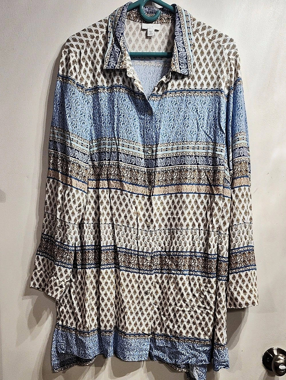 J.Jill Printed Button Down Shirt in Blue Gold & White